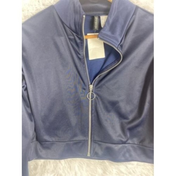 Divided H&M Jacket Women XS Navy Crop Track Full Zip Oversized Snap Button - Picture 4 of 8